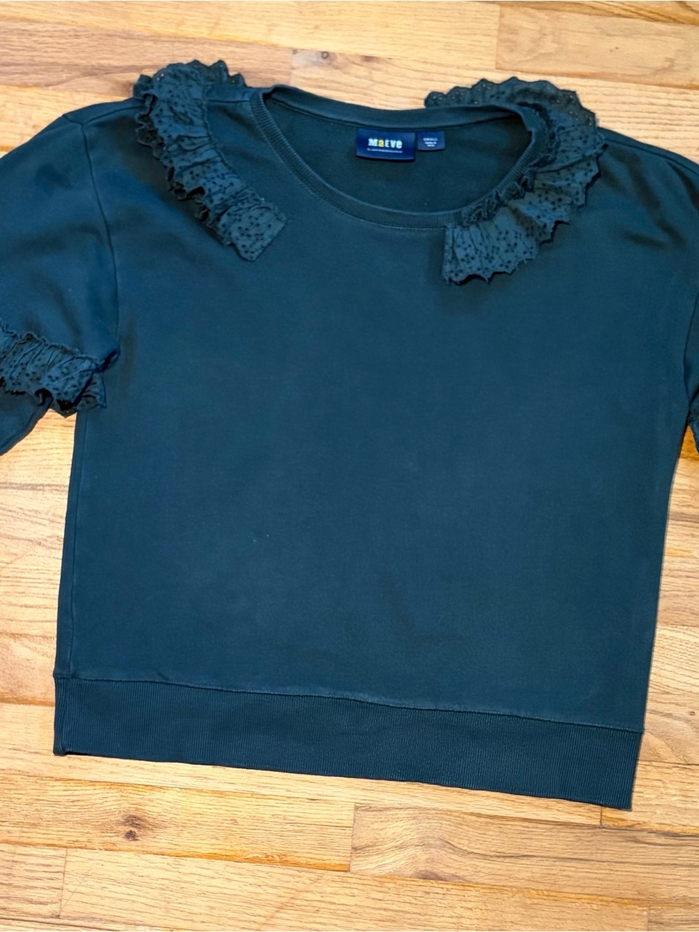 Maeve Dark Green Scoop-Neck Sweatshirt with Eyelet Trim